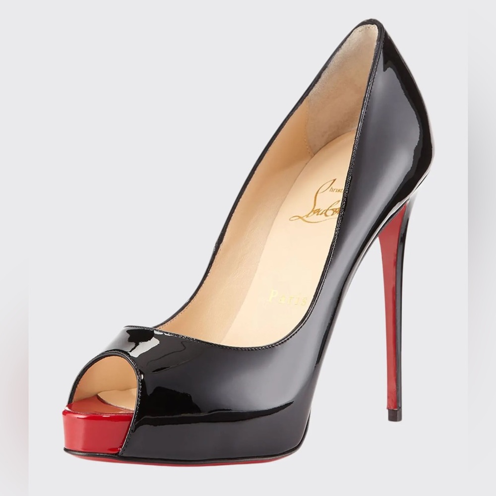 Christian Louboutin Very Prive Heels - Black with Red Peep Toe Shoes - Red Sole